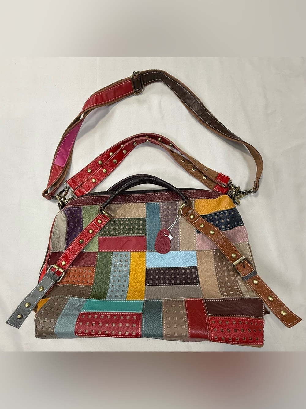 Colorful Striped Leather Shoulder Bag with Studded Strap - Picture 4 of 13